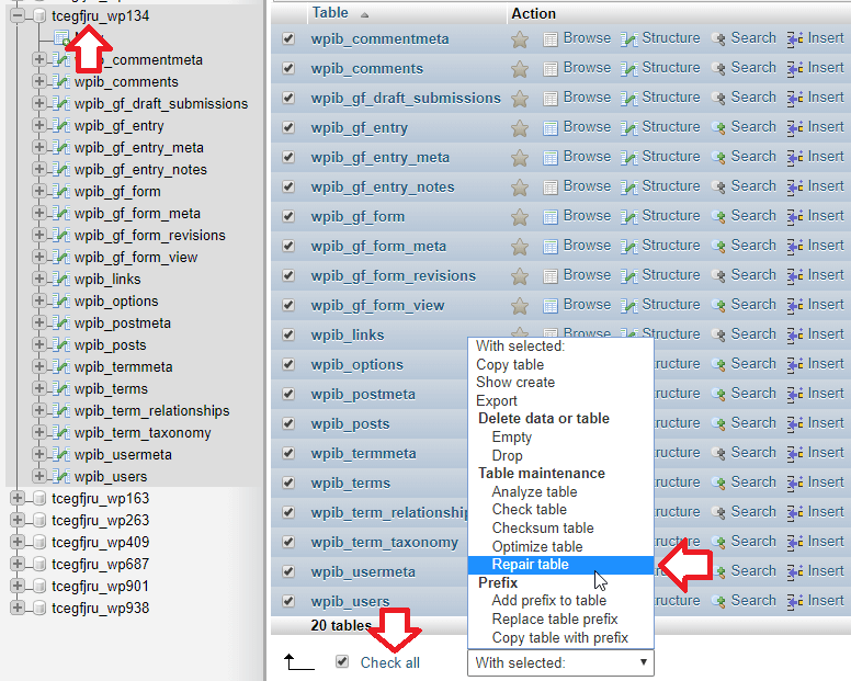 PHPMyAdmin - Repair table