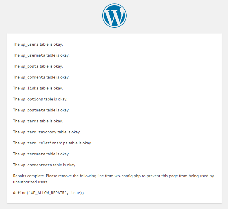 WordPress - Repair Database Results