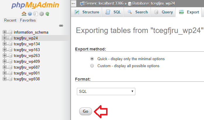 phpmyadmin - database export