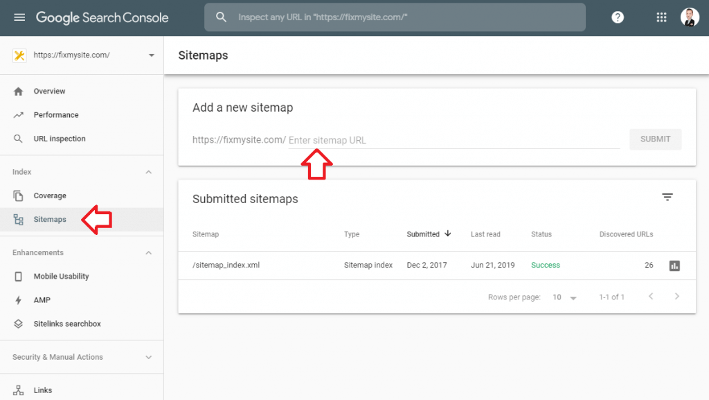 Google Search Console sitemap settings