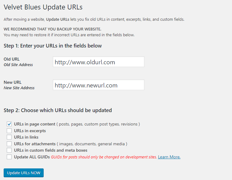 Velvet Blues Update URLs Admin