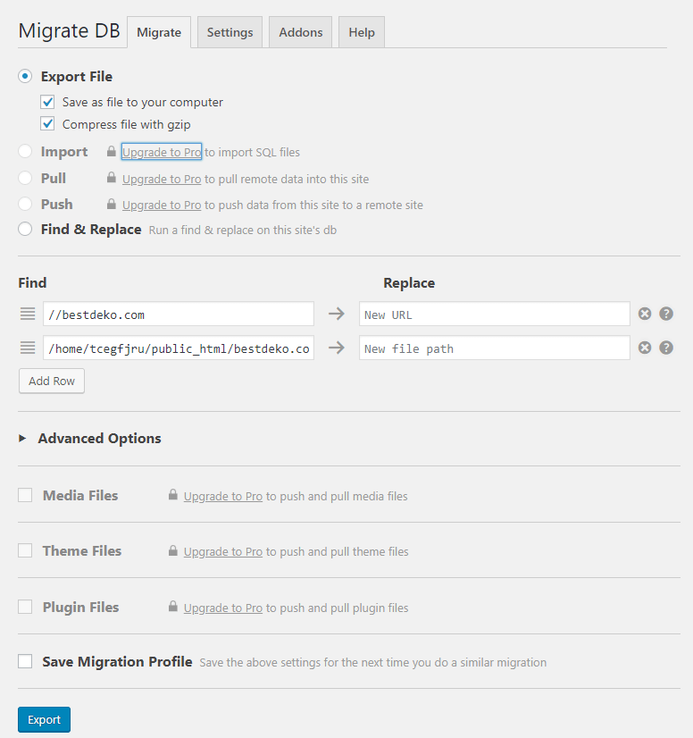 WP Migrate DB Admin
