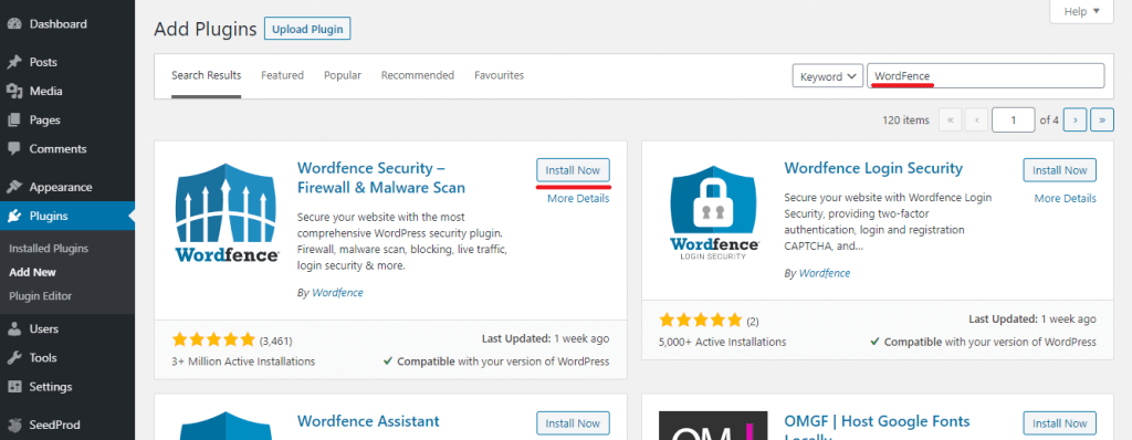 Installing WordFence - Step 1