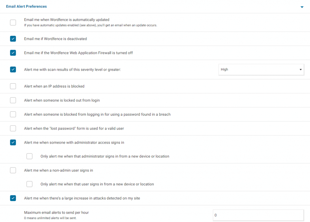 WordFence - Email Alert Preferences