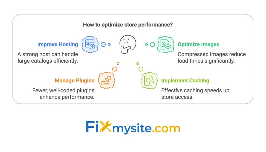Infographic showing four ways to optimize store performance, arranged around a central thinking face emoji. Key points include: Improve Hosting (blue icon, for handling large catalogs), Optimize Images (green icon, for reducing load times), Implement Caching (light green icon, for speeding up access), and Manage Plugins (orange icon, for enhancing performance). Fixmysite.com logo appears at bottom."