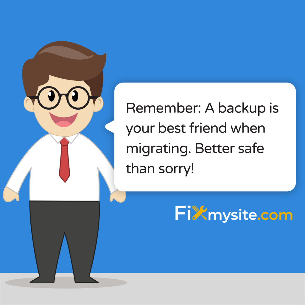 Cartoon mascot character with glasses and red tie delivering friendly reminder in speech bubble: 'Remember: A backup is your best friend when migrating. Better safe than sorry!' Character stands against blue background with Fixmysite.com logo.