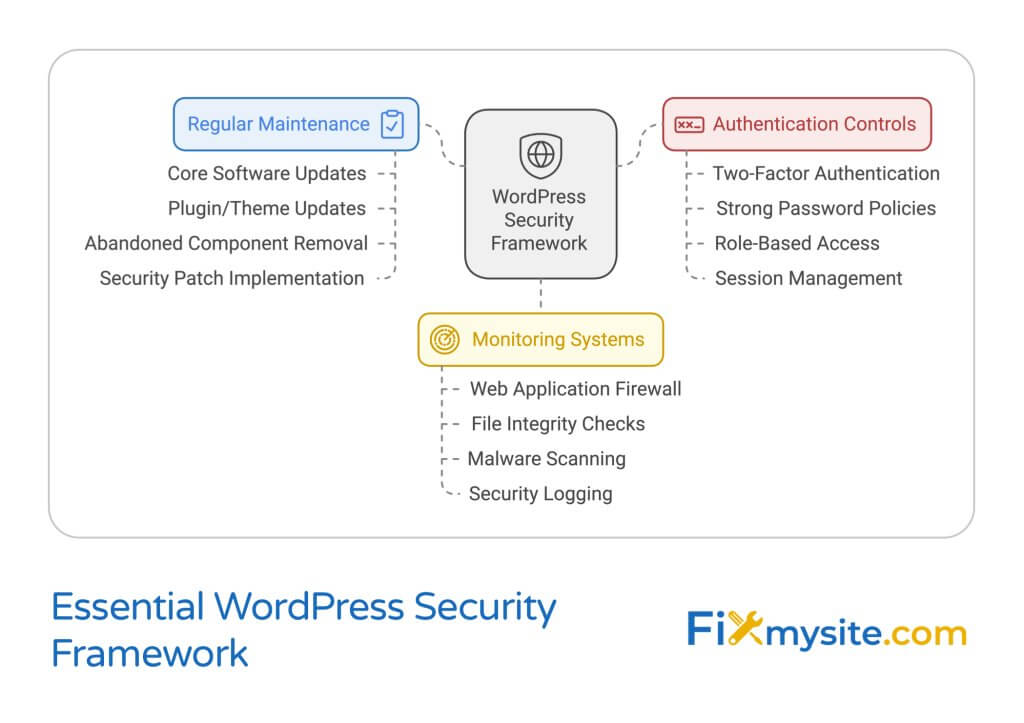 Essential WordPress Security Framework diagram showing three main components: Regular Maintenance (in blue) covering core updates and patch implementation, Authentication Controls (in red) including 2FA and access management, and Monitoring Systems (in yellow) featuring firewall and scanning tools. Central shield icon represents WordPress Security Framework. Fixmysite.com logo at bottom right.