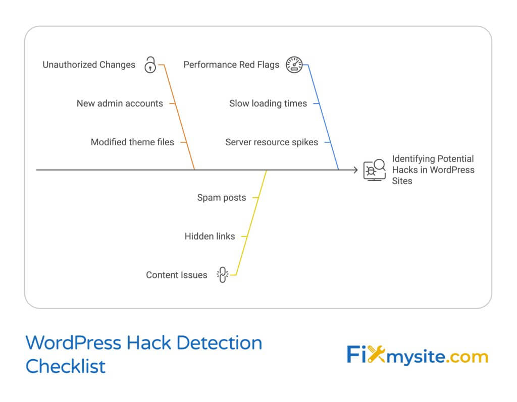WordPress Hack Detection Checklist infographic showing three main categories branching from a central timeline: 1) Unauthorized Changes (marked with a lock icon) including new admin accounts and modified theme files, 2) Performance Red Flags (marked with a speedometer icon) showing slow loading times and server resource spikes, and 3) Content Issues (marked with a link icon) listing spam posts and hidden links. The diagram converges to an endpoint marked with a computer security icon labeled 'Identifying Potential Hacks in WordPress Sites'. Fixmysite.com logo appears in corner. The visualization uses a fishbone or cause-and-effect diagram style with orange, blue, and yellow branches.