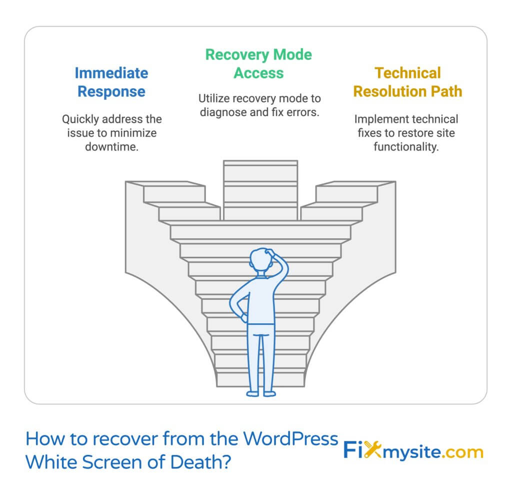 Here's an SEO-optimized ALT tag description for this image:
"WordPress White Screen of Death recovery process diagram showing three key steps: Immediate Response (in blue), Recovery Mode Access (in green), and Technical Resolution Path (in gold). The illustration features a stick figure examining ascending steps, symbolizing the systematic troubleshooting approach. The Fixmysite.com logo appears at the bottom of the image.