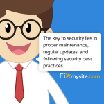 Cartoon character with glasses explaining WordPress security best practices - speech bubble reads 'The key to security lies in proper maintenance, regular updates, and following security best practices' with Fixmysite.com logo