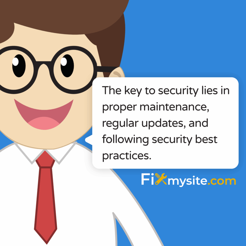 Cartoon character with glasses explaining WordPress security best practices - speech bubble reads 'The key to security lies in proper maintenance, regular updates, and following security best practices' with Fixmysite.com logo