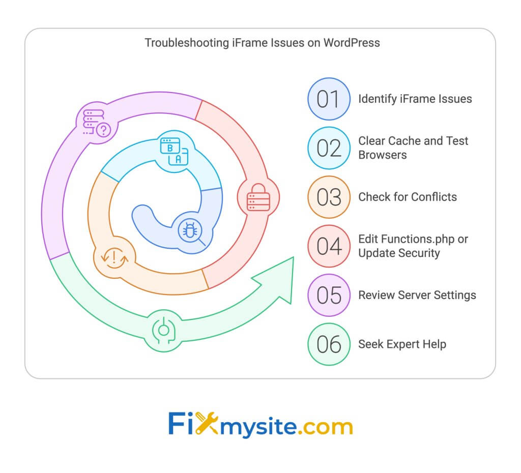 Circular workflow diagram titled 'Troubleshooting iFrame Issues on WordPress' showing six numbered steps in different colors: 1) Identify iFrame Issues, 2) Clear Cache and Test Browsers, 3) Check for Conflicts, 4) Edit Functions.php or Update Security, 5) Review Server Settings, and 6) Seek Expert Help. Each step has an associated icon in a spiral arrangement.