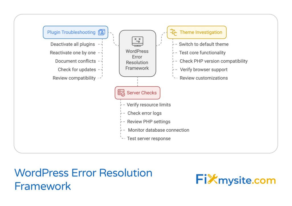 WordPress Error Resolution Framework diagram showing three troubleshooting branches: Plugin Troubleshooting (in blue) with steps from deactivation to compatibility review, Theme Investigation (in yellow) covering default theme testing and PHP compatibility, and Server Checks (in red) detailing resource limits and database monitoring. Central icon represents WordPress Error Resolution Framework. Fixmysite.com logo at bottom right.