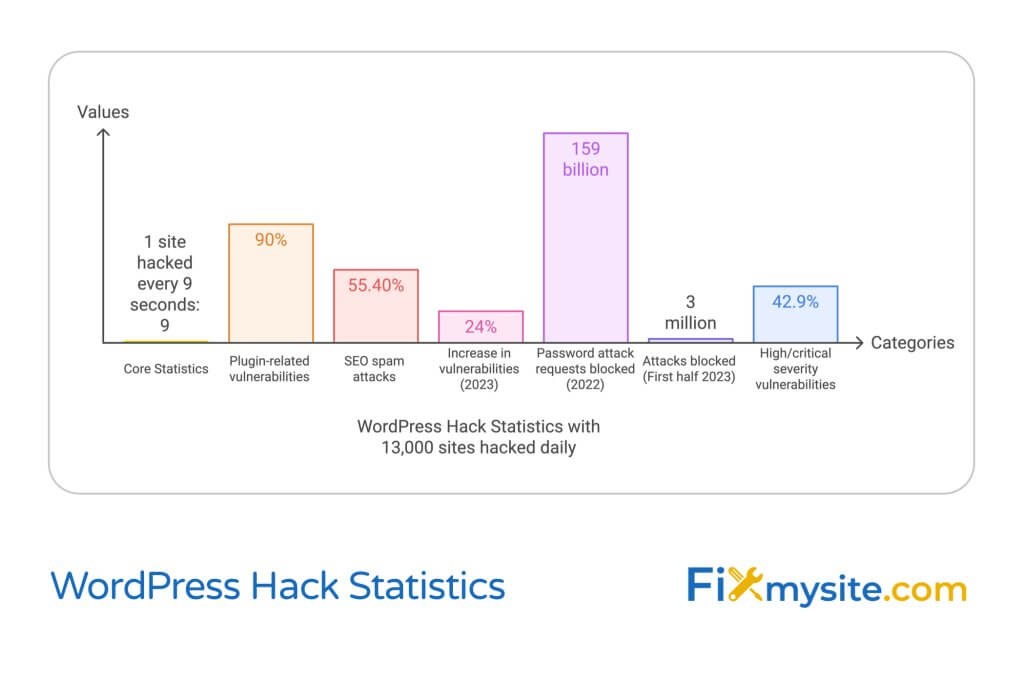 WordPress Hack Statistics infographic showing key security metrics: 1 site hacked every 9 seconds, 90% plugin-related vulnerabilities, 55.40% SEO spam attacks, 24% increase in vulnerabilities (2023), 159 billion password attack requests blocked (2022), 3 million attacks blocked in first half 2023, and 42.9% high/critical severity vulnerabilities. Graph presented as bar chart with 'Values' on Y-axis and 'Categories' on X-axis. Title indicates 13,000 WordPress sites are hacked daily. Fixmysite.com logo appears in corner.