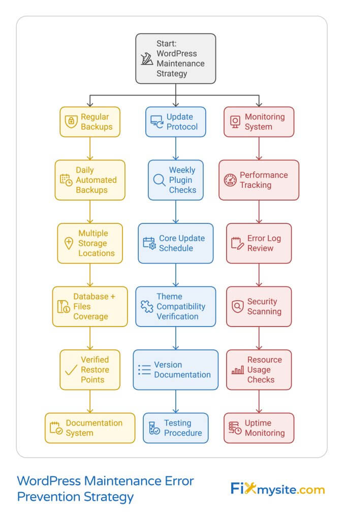 WordPress Maintenance Error Prevention Strategy flowchart showing three parallel tracks: Regular Backups (in yellow) from daily automated backups to documentation system, Update Protocol (in blue) from weekly plugin checks to testing procedure, and Monitoring System (in red) from performance tracking to uptime monitoring. Each track contains six sequential steps. Starts with central 'WordPress Maintenance Strategy' header and includes Fixmysite.com logo at bottom.