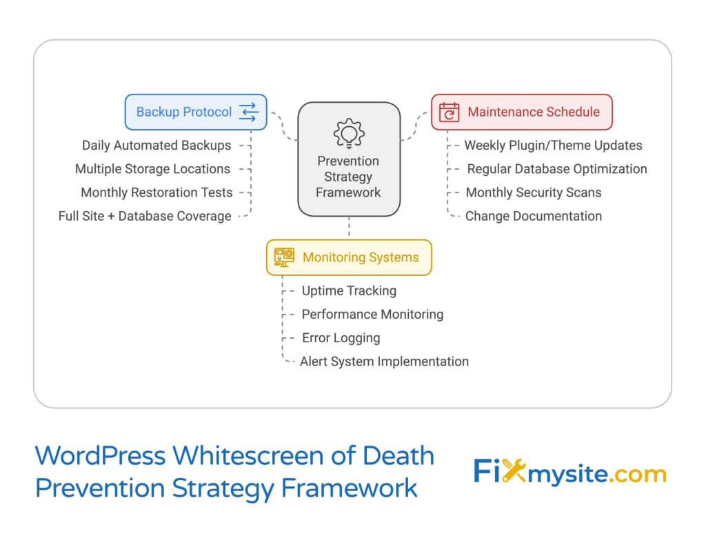 WordPress White Screen of Death Prevention Strategy Framework diagram showing three interconnected components: Backup Protocol (in blue) featuring daily automated backups and storage options, Maintenance Schedule (in red) outlining weekly updates and security scans, and Monitoring Systems (in yellow) detailing uptime tracking and error logging. Central gear icon represents the Prevention Strategy Framework. Fixmysite.com logo appears at bottom right.
