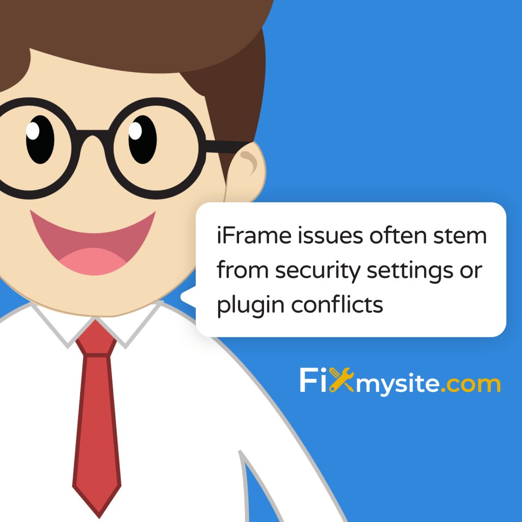 A cartoon illustration of a smiling tech support character wearing round glasses and a red tie against a blue background. The character has a speech bubble saying 'iFrame issues often stem from security settings or plugin conflicts'. The website name 'Fixmysite.com' appears in the bottom right.