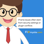 A cartoon illustration of a smiling tech support character wearing round glasses and a red tie against a blue background. The character has a speech bubble saying 'iFrame issues often stem from security settings or plugin conflicts'. The website name 'Fixmysite.com' appears in the bottom right.
