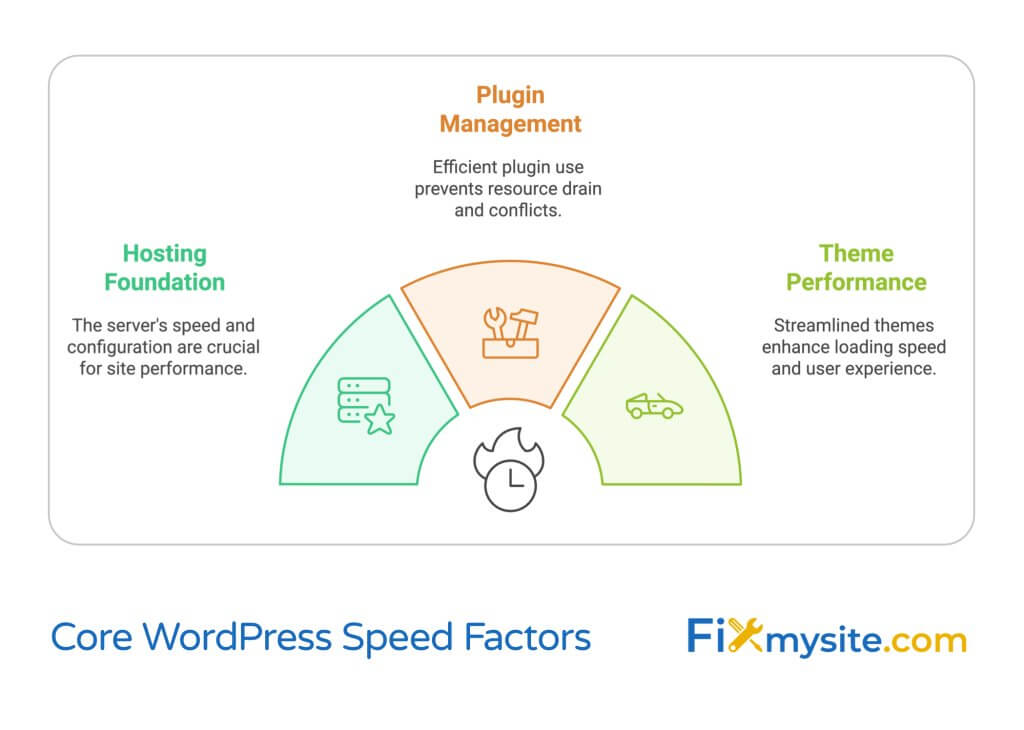 A semi-circular diagram illustrating the three core WordPress speed factors: Hosting Foundation (left, with server icon), Plugin Management (center, with tools icon), and Theme Performance (right, with car icon). Each section includes descriptive text explaining its importance for site performance. A clock icon sits at the center of the diagram.