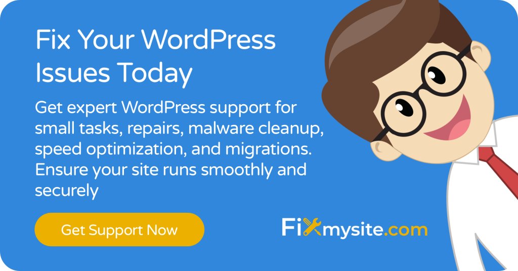 Marketing banner for WordPress support services with a blue background. Features white text reading 'Fix Your WordPress Issues Today' with descriptive subtext about expert support services. Includes a yellow 'Get Support Now' button and a cartoon mascot character with glasses peeking from the right side. Fixmysite.com logo is displayed in the corner.