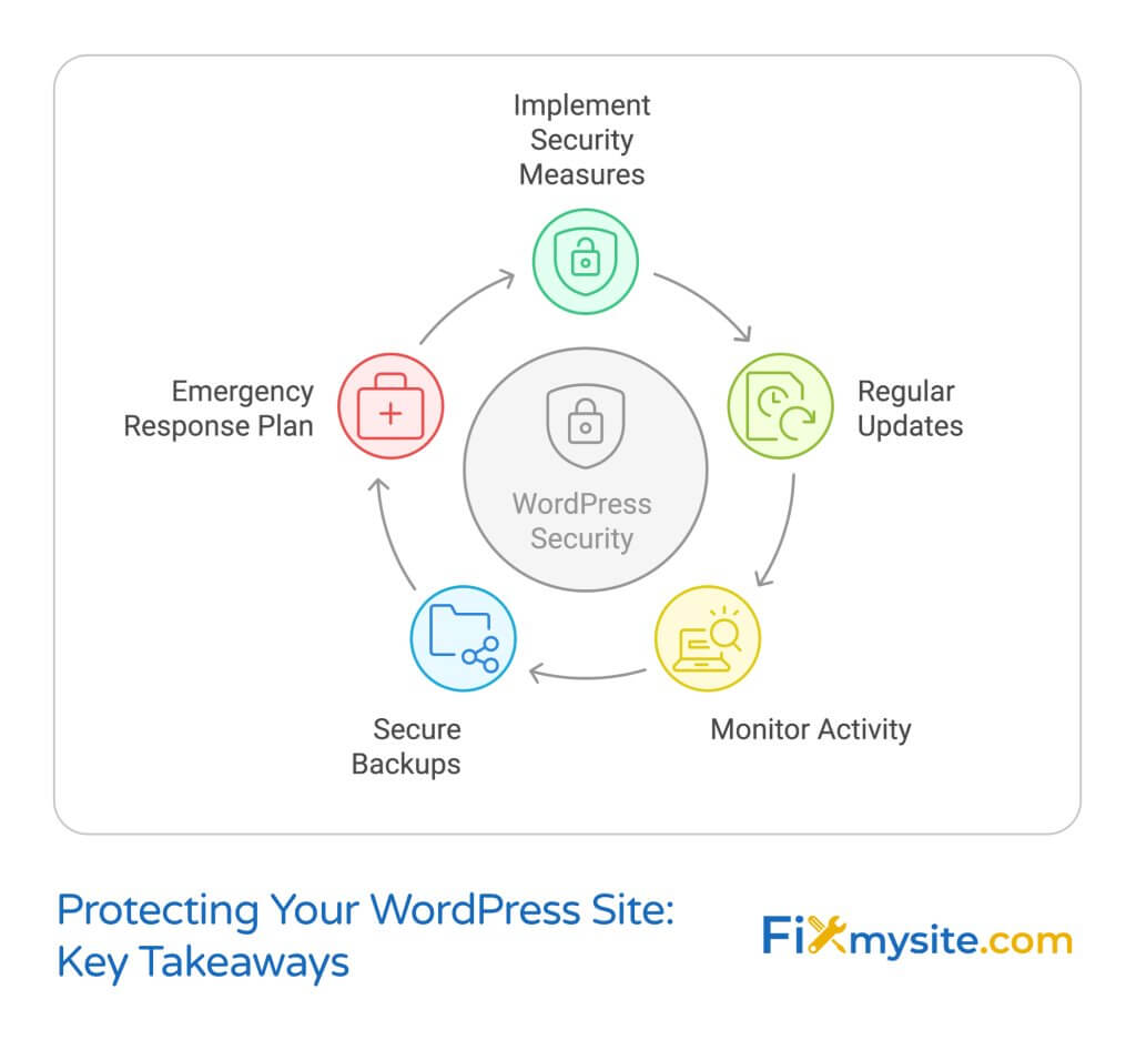Circular diagram showing WordPress security essentials with lock icon in center. Five colored sections connect clockwise: Implement Security Measures (green), Regular Updates (light green), Monitor Activity (yellow), Secure Backups (blue), and Emergency Response Plan (red). Each section includes relevant icon. Fixmysite.com logo in bottom right. Title 'Protecting Your WordPress Site: Key Takeaways' below.