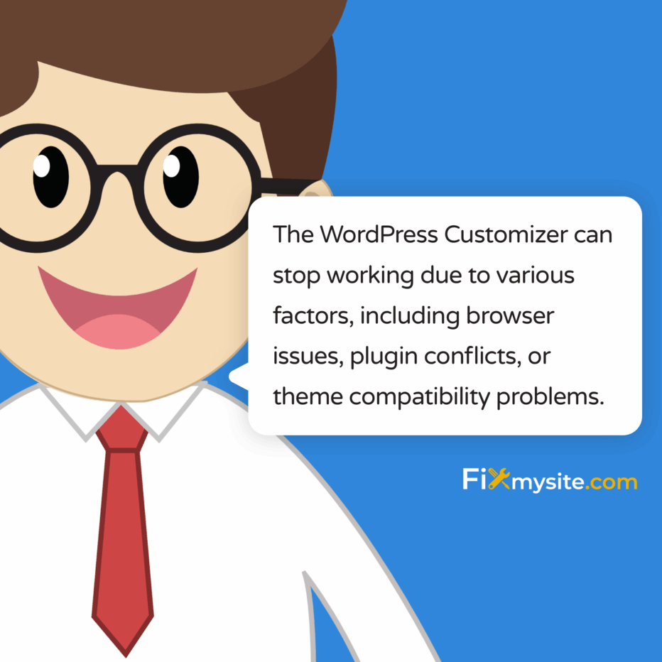 The WordPress Customizer can stop working due to various factors including browser issues plugin conflicts or theme compatibility problems