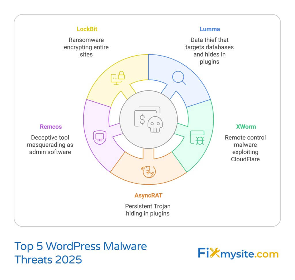 Circular diagram showing top 5 WordPress malware threats for 2025. Center icon shows dollar sign with skull. Five colored sections display: LockBit (yellow) - ransomware encrypting sites, Lumma (blue) - database targeting data thief, XWorm (green) - CloudFlare-exploiting remote control malware, AsyncRAT (orange) - plugin-hiding Trojan, and Remcos (purple) - deceptive admin tool. Each section includes relevant icon. Fixmysite.com logo in bottom right.