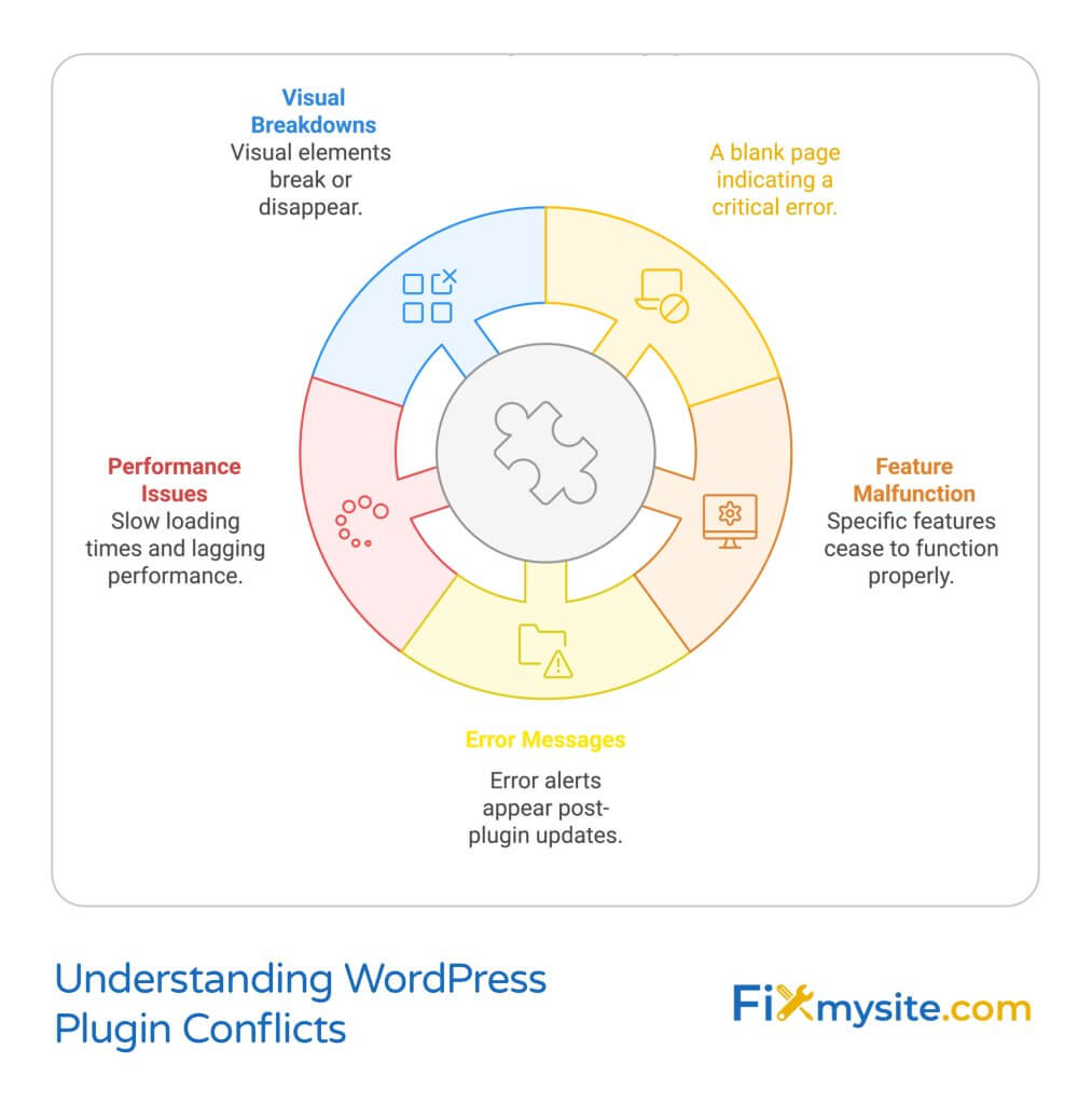 Circular diagram illustrating WordPress plugin conflict types with puzzle piece icon in center. Shows five key issues: Visual Breakdowns (blue, breaking visual elements), Feature Malfunction (orange, non-functioning features), Error Messages (yellow, post-update alerts), Performance Issues (red, slow loading/lagging), and Blank Pages (yellow, critical errors). Each section includes descriptive icon and explanation. Fixmysite.com logo in bottom right.