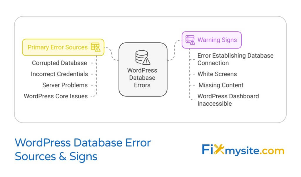 WordPress database error troubleshooting diagram showing primary error sources like corrupted database and incorrect credentials, alongside warning signs including connection errors and white screens