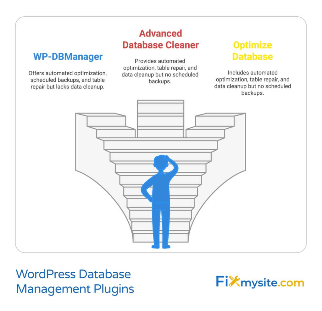 Comparison of WordPress database management plugins: WP-DBManager, Advanced Database Cleaner, and Optimize Database, showing their key features and capabilities with an illustrated figure examining database structure