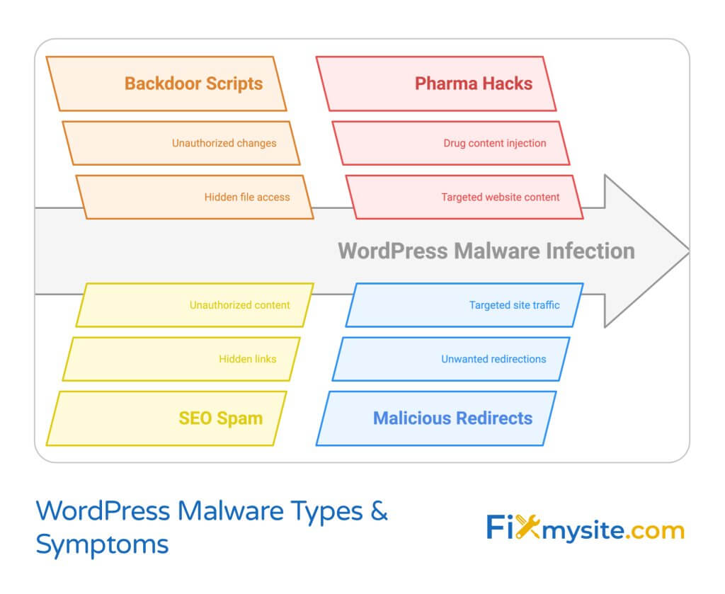 WordPress malware types diagram showing four main categories: Backdoor Scripts, Pharma Hacks, SEO Spam, and Malicious Redirects, with their respective symptoms and targets