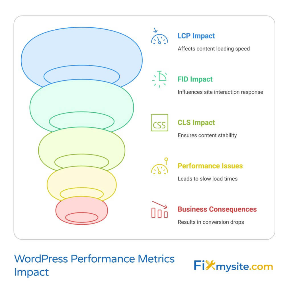 WordPress performance metrics funnel diagram showing the cascade of Core Web Vitals (LCP, FID, CLS) and their impact on performance and business outcomes, with icons and descriptions for each level