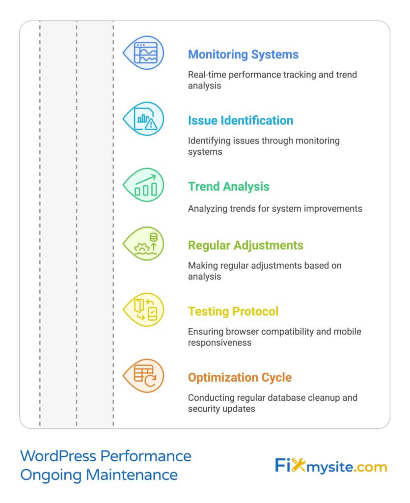WordPress performance maintenance infographic showing six vertical steps with icons: Monitoring Systems, Issue Identification, Trend Analysis, Regular Adjustments, Testing Protocol, and Optimization Cycle, each with descriptive text