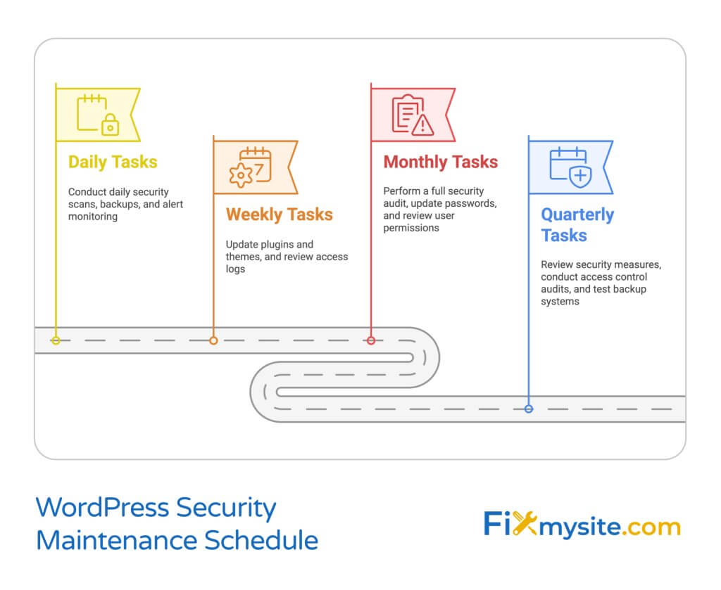 alt="WordPress security maintenance timeline showing periodic tasks from daily security scans and backups to quarterly security measure reviews and system audits
