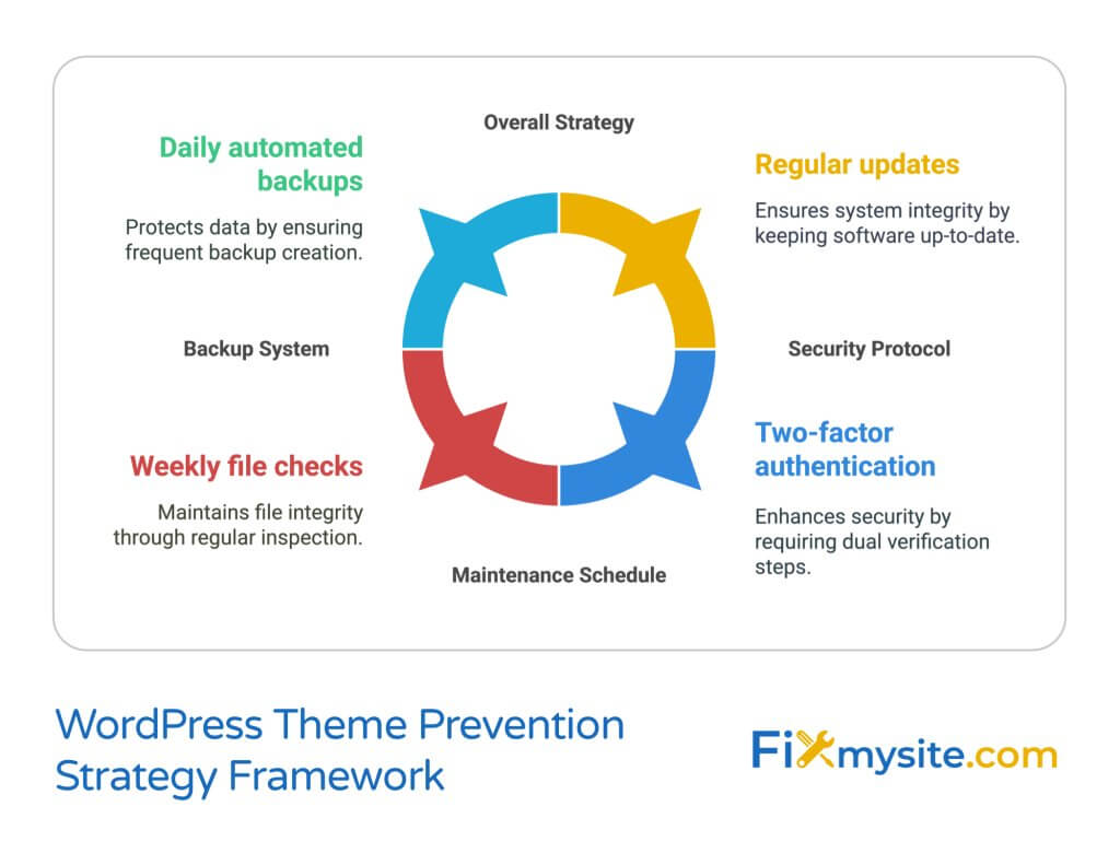 WordPress theme prevention strategy circular diagram with four segments: Backup System with daily automated backups, Maintenance Schedule with weekly file checks, Security Protocol with two-factor authentication, and Regular Updates for system integrity