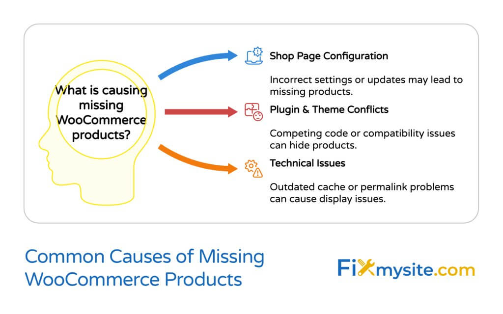 Common Causes of Missing WooCommerce Products infographic showing three main reasons: Shop Page Configuration issues with incorrect settings, Plugin & Theme Conflicts with competing code, and Technical Issues including cache and permalink problems. The diagram features a yellow head silhouette with the central question and color-coded arrows pointing to each cause