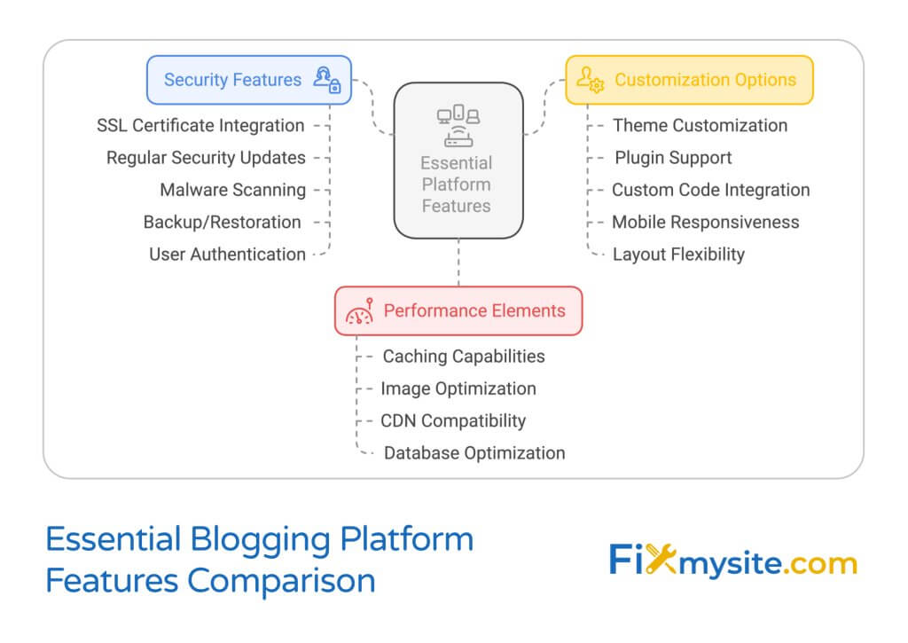 A mind map diagram showing essential blogging platform features in three categories: Security Features (in blue) including SSL and malware scanning, Performance Elements (in red) including caching and optimization, and Customization Options (in yellow) including themes and plugins. Central node shows 'Essential Platform Features' with the Fixmysite.com logo