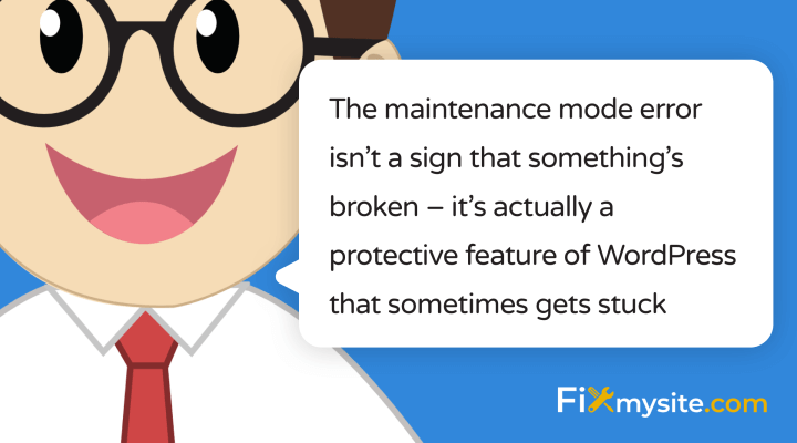 The maintenance mode error isn't a sign that something's broken, it's actually a protective feature of Wordpress that sometimes gets stuck