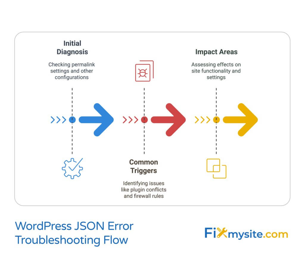 WordPress JSON Error Troubleshooting Flow diagram showing three key stages: Initial Diagnosis (checking permalink settings), Common Triggers (identifying plugin conflicts and firewall rules), and Impact Areas (assessing site functionality). Each stage connected by directional arrows with corresponding icons. Created by Fixmysite.com