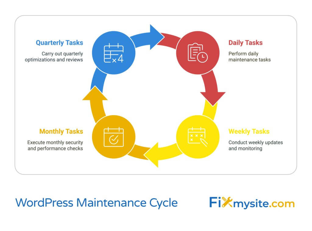 WordPress Maintenance Cycle infographic illustrating a circular workflow of four periodic tasks: Daily Tasks (maintenance), Weekly Tasks (updates and monitoring), Monthly Tasks (security and performance checks), and Quarterly Tasks (optimizations and reviews). Each task represented by calendar icons in different colors. Created by Fixmysite.com