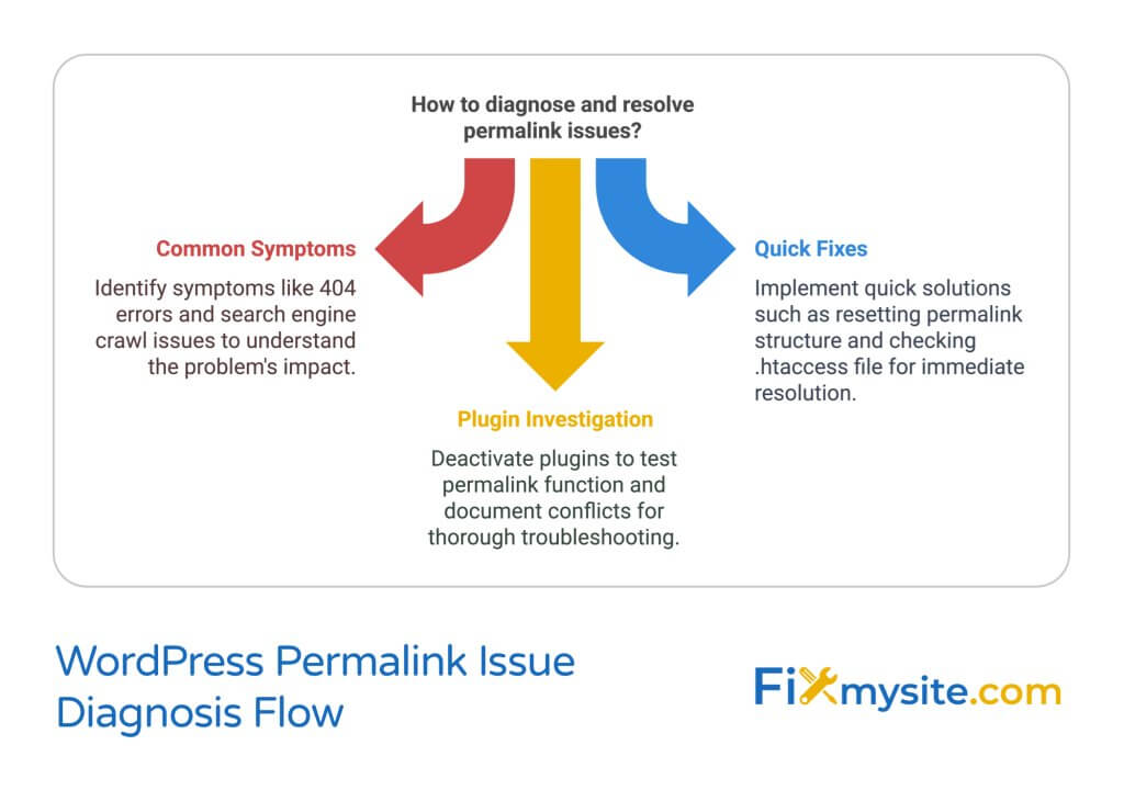 WordPress Permalink Issue Diagnosis Flow diagram displaying three key components: Common Symptoms (404 errors and crawl issues), Quick Fixes (reset structure and check .htaccess), and Plugin Investigation (deactivate and test). Created by Fixmysite.com