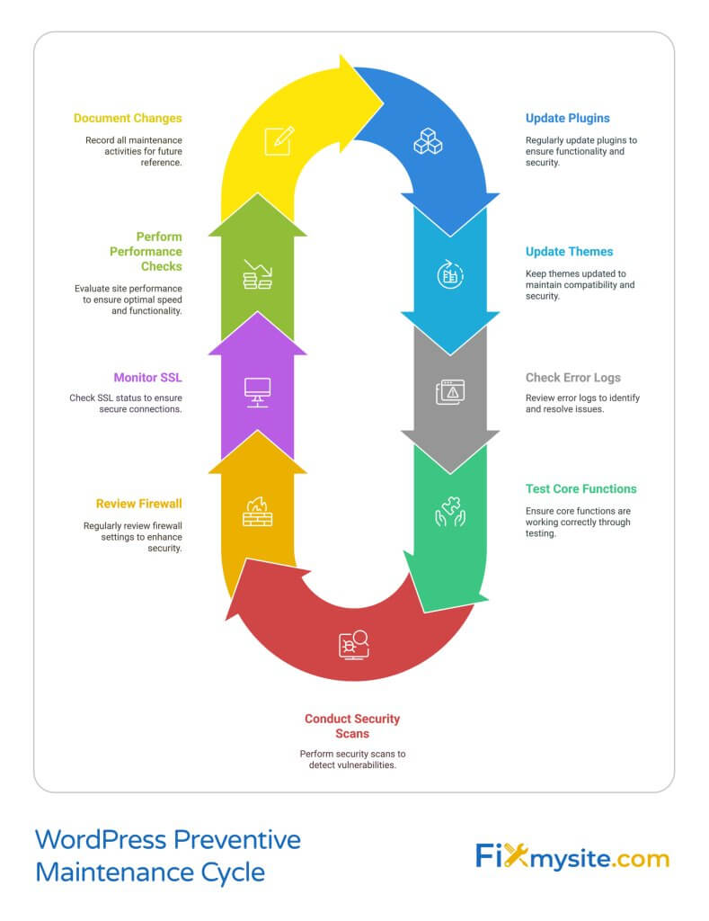 WordPress Preventive Maintenance Cycle infographic displaying a U-shaped workflow with 9 critical maintenance steps: Update Plugins, Update Themes, Check Error Logs, Test Core Functions, Conduct Security Scans, Review Firewall, Monitor SSL, Perform Performance Checks, and Document Changes. Each step includes descriptive text and custom icons. Created by Fixmysite.com