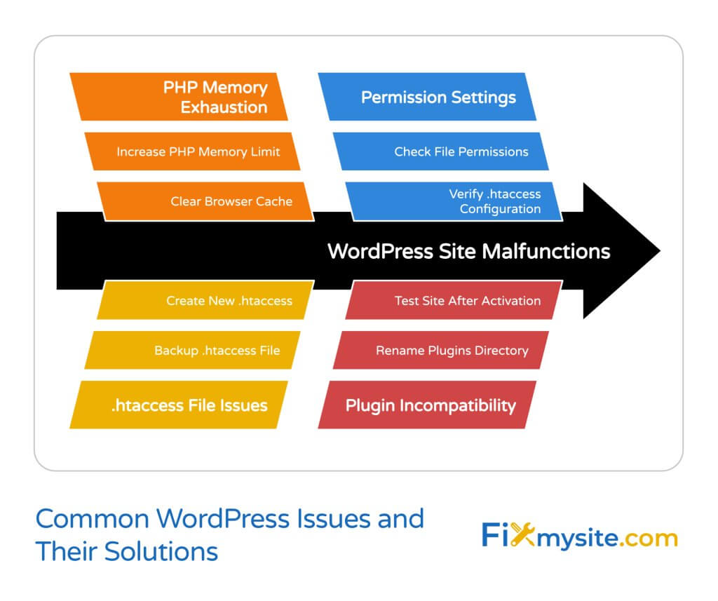 Common WordPress Issues and Their Solutions - A fishbone diagram showing four main categories of WordPress site malfunctions: PHP Memory Exhaustion, Permission Settings, .htaccess File Issues, and Plugin Incompatibility with specific solutions for each category. Created by Fixmysite.com