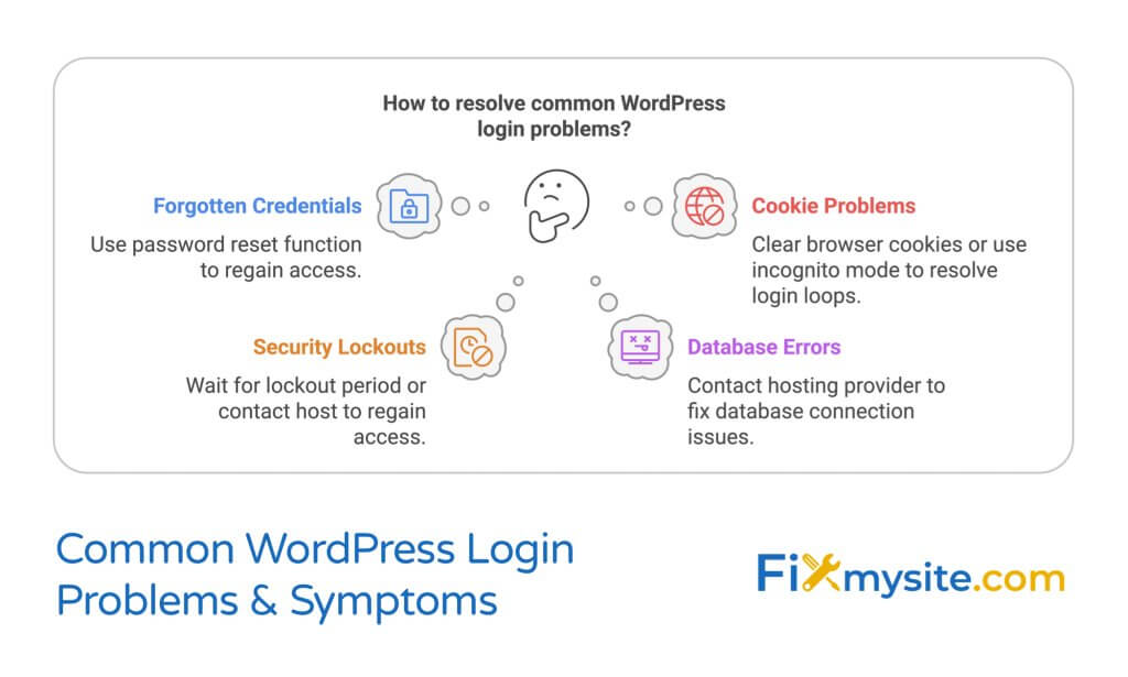 Diagram showing common WordPress login problems and solutions with four categories: Forgotten Credentials requiring password reset, Cookie Problems resolved by clearing browser cookies or using incognito mode, Security Lockouts requiring waiting for lockout period or contacting host, and Database Errors requiring contact with hosting provider. Organized in a hub-and-spoke layout with icons for each category.