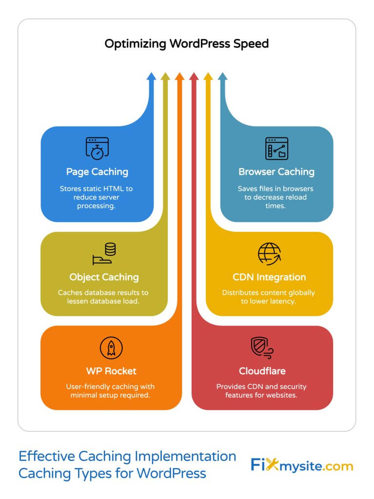 WordPress speed optimization infographic illustrating effective caching implementation. Features six color-coded sections arranged in a symmetrical layout with upward arrows in the center. The top row shows Page Caching (blue) and Browser Caching (teal), middle row displays Object Caching (olive) and CDN Integration (gold), and bottom row features specific solutions: WP Rocket (orange) and Cloudflare (red). Each section includes a relevant icon and brief description of its function. Branded with FixMysite.com logo.