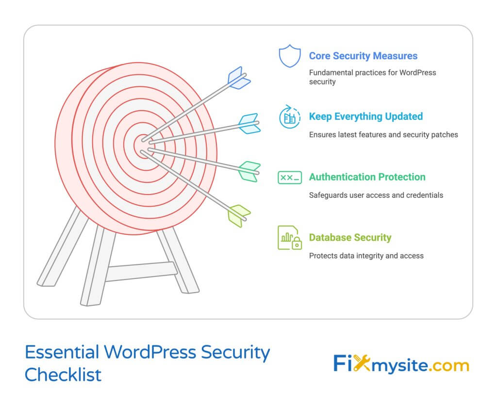 Target diagram showing core WordPress security measures with arrows hitting bullseye, highlighting Keep Everything Updated, Authentication Protection, and Database Security as fundamental practices