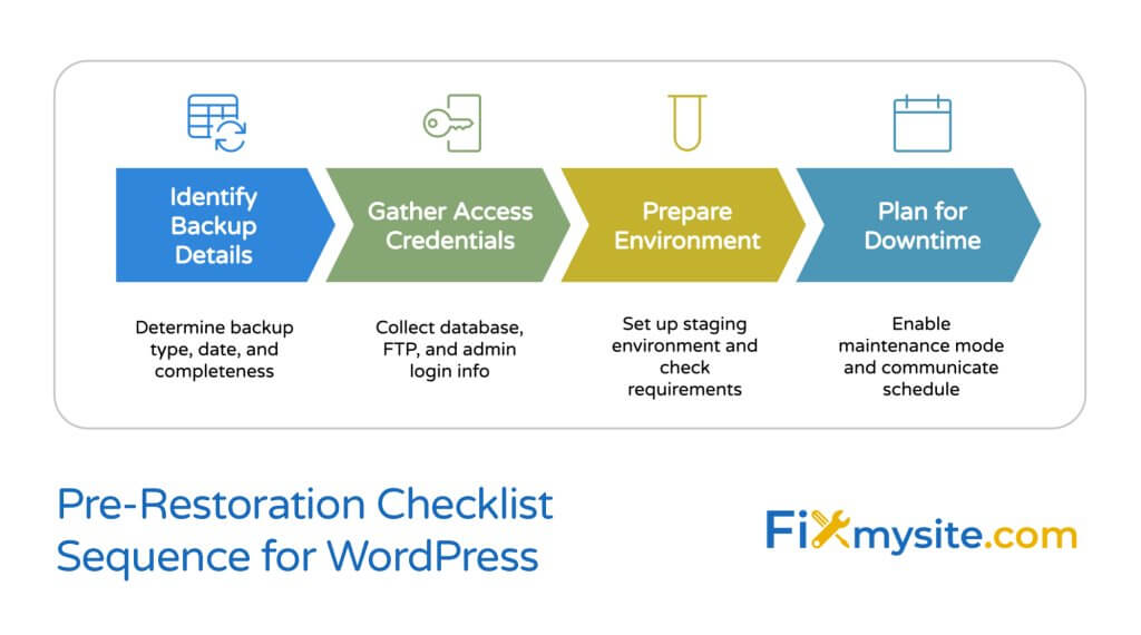 WordPress pre-restoration checklist flowchart showing four sequential steps with icons: Identify Backup Details, Gather Access Credentials, Prepare Environment, and Plan for Downtime. Each step includes brief descriptions of required actions. Branded with FixMysite.com logo.