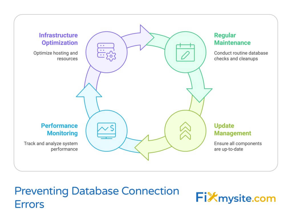 Circular diagram showing four key strategies for preventing WordPress database connection errors. The cycle flows from 'Regular Maintenance' (conduct routine database checks and cleanups) to 'Update Management' (ensure all components are up-to-date) to 'Performance Monitoring' (track and analyze system performance) to 'Infrastructure Optimization' (optimize hosting and resources). Arrows connect each element in a continuous improvement cycle.