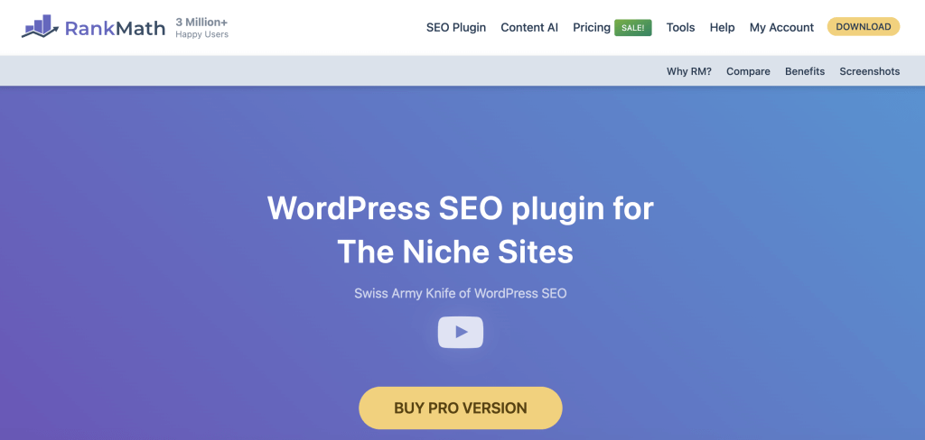 RankMath WordPress SEO plugin homepage with purple gradient background. Header shows RankMath logo and '3 Million+ Happy Users' tagline. Main headline reads 'WordPress SEO plugin for The Niche Sites' with tagline 'Swiss Army Knife of WordPress SEO'. Page includes navigation menu and prominent 'BUY PRO VERSION' call-to-action button.