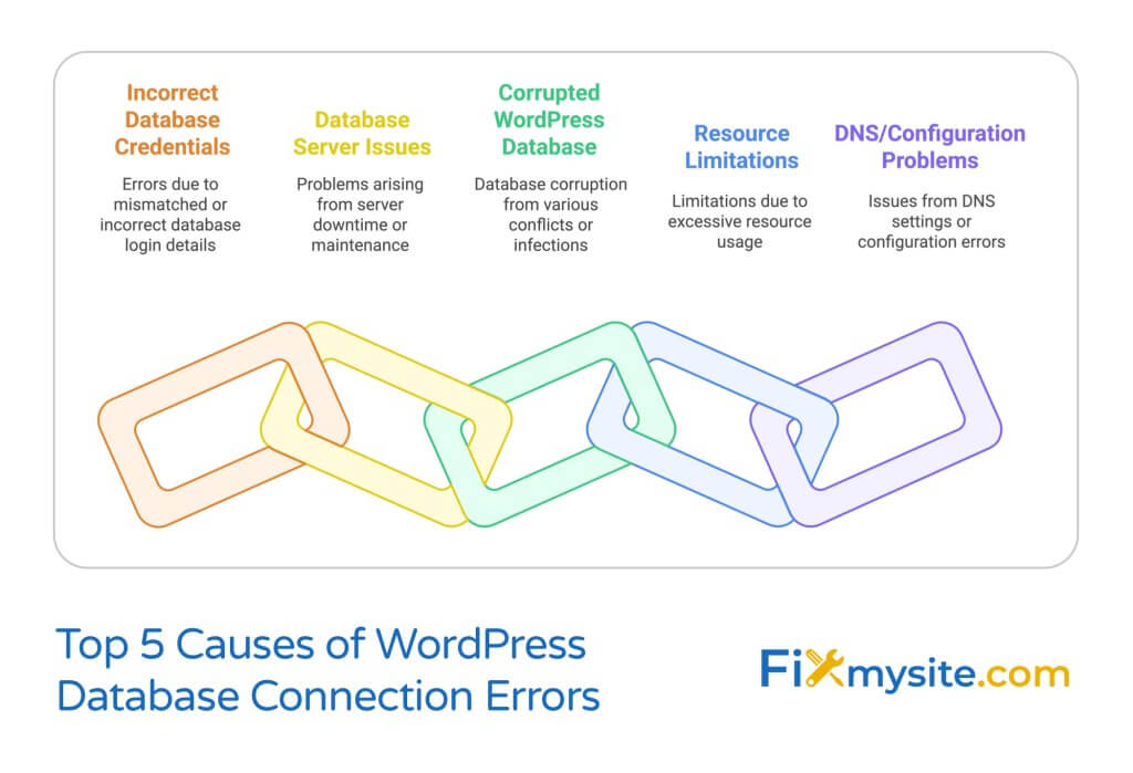 Chain-link visualization displaying the top 5 causes of WordPress database connection errors. The connected links are color-coded and labeled: 'Incorrect Database Credentials' (errors due to mismatched login details), 'Database Server Issues' (problems from server downtime or maintenance), 'Corrupted WordPress Database' (database corruption from conflicts or infections), 'Resource Limitations' (limitations due to excessive resource usage), and 'DNS/Configuration Problems' (issues from DNS settings or configuration errors).